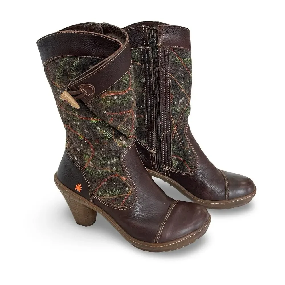 The Art Company Mid Boots Size 37 US 6.5 -7 Brown Leather Embroidered Wool Shaft